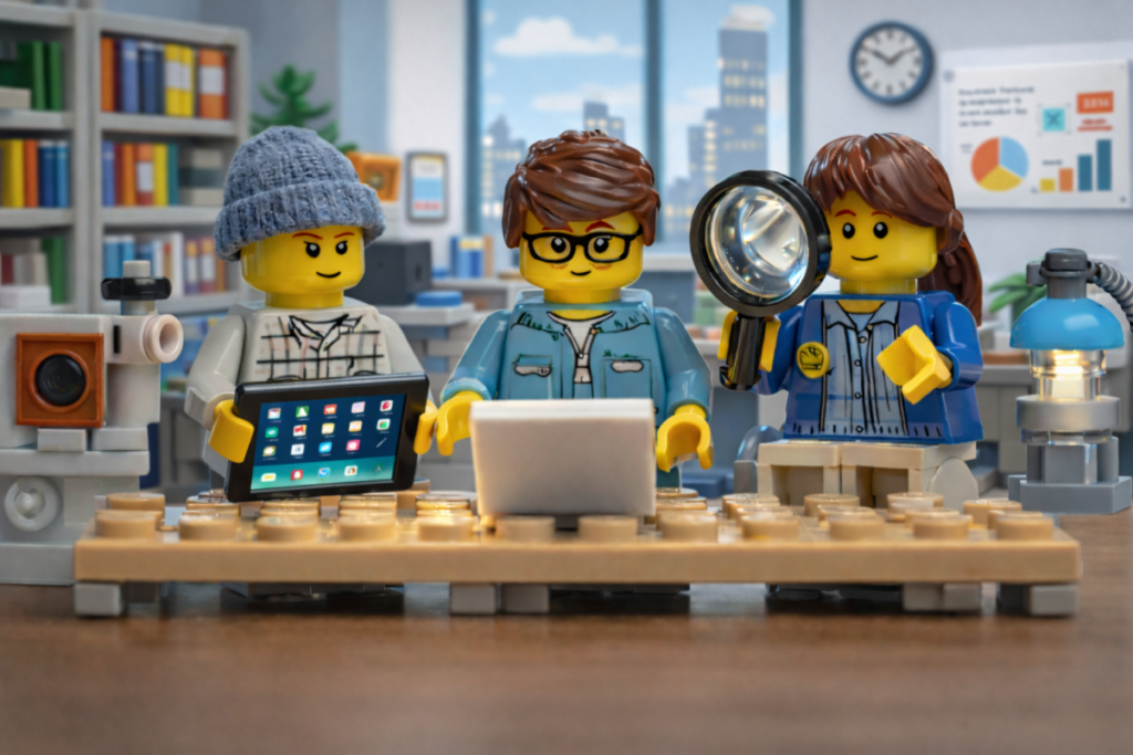Принципи ООП на прикладі LEGO: три мініфігурки з планшетом, ноутбуком і лупою працюють разом в офісі