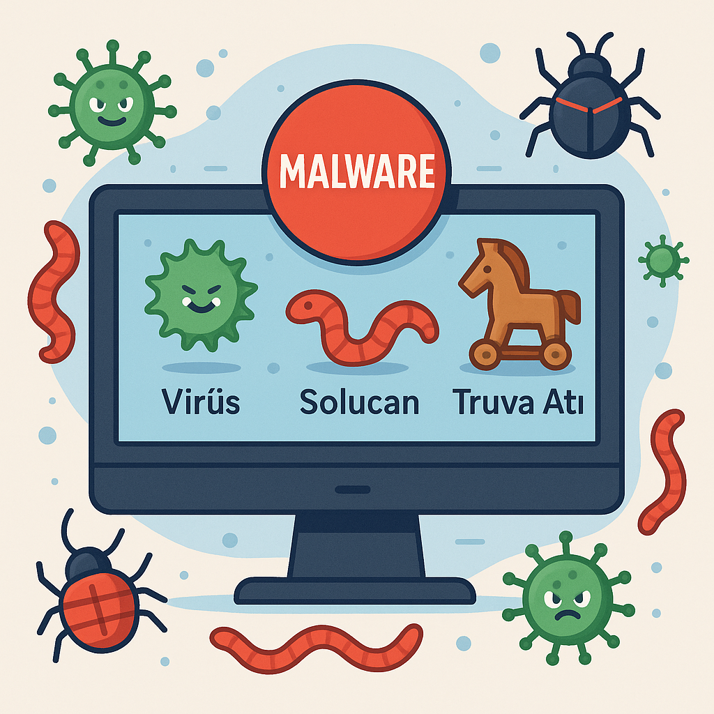 Virüs, solucan ve truva atı gibi malware türlerini temsil eden dijital illüstrasyon