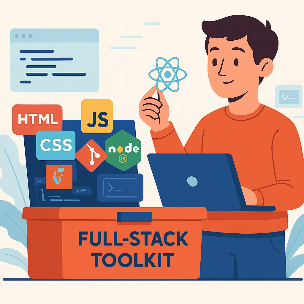 Full-stack developer araç kutusundan React simgesini seçen genç bir yazılımcıyı gösteren illüstrasyon; kutuda HTML, CSS, JavaScript, Git, Node.js ve MongoDB logoları yer alıyor.