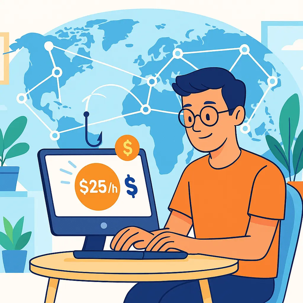 Evden çalışan bir yazılımcıyı gösteren illüstrasyon. Arka planda dünya haritası ve küresel bağlantı çizgileri mevcut, bilgisayar ekranında "$25/h" yazısı var.