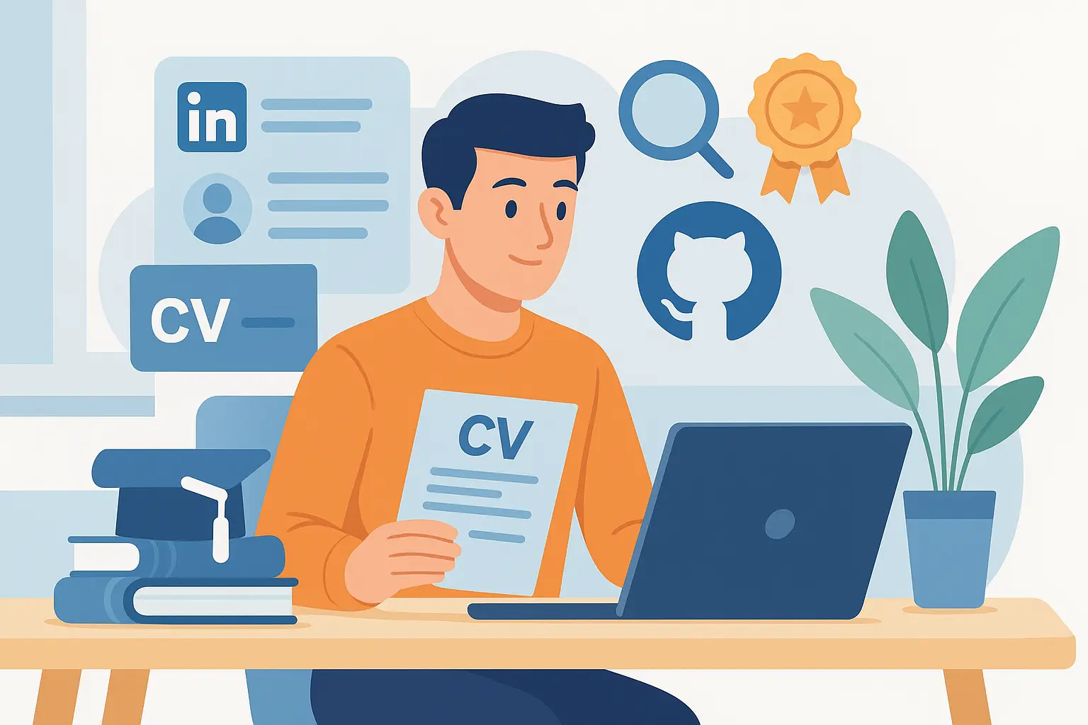 Teknik mülakat hazırlığı yapan genç bir yazılımcıyı gösteren illüstrasyon; karakter elinde CV tutarken dizüstü bilgisayarına bakıyor.