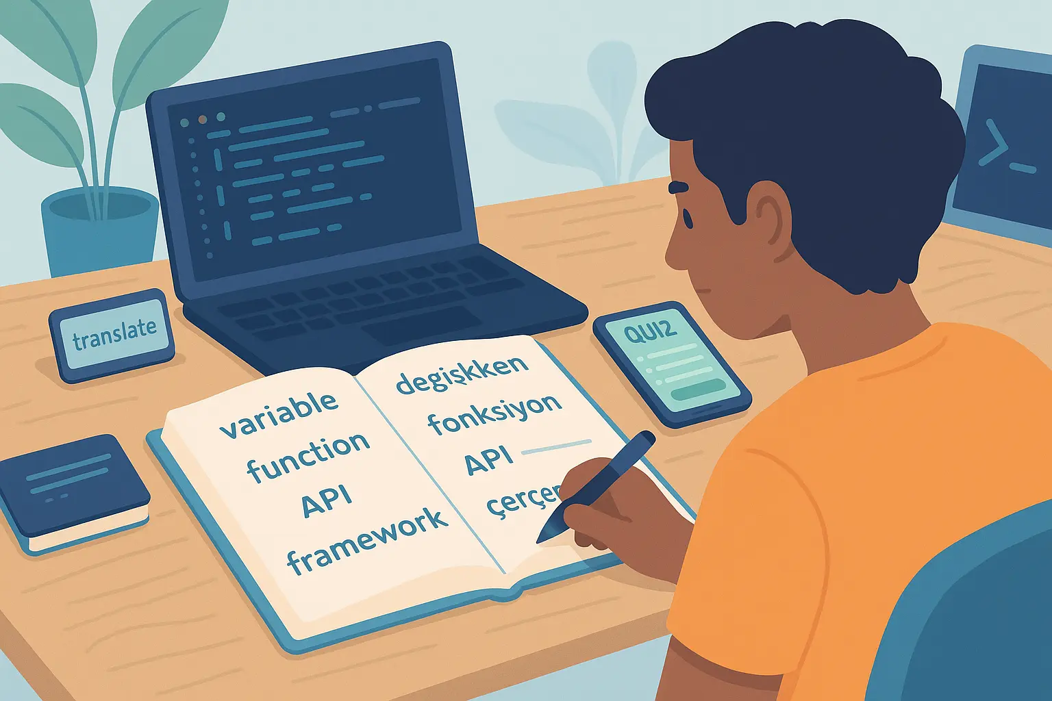 Bir yazılımcı, masasında açık bir deftere İngilizce ve Türkçe yazılım terimlerini not alırken; etrafta laptop, quiz uygulaması ve çeviri ekranı yer alıyor.