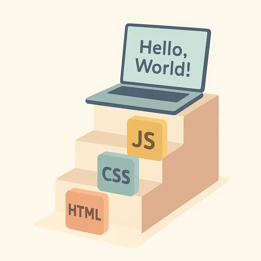 HTML, CSS ve JavaScript logolarının basamak şeklinde dizildiği, en üstte 'Hello, World!' yazan bir laptopun yer aldığı minimal illüstrasyon.