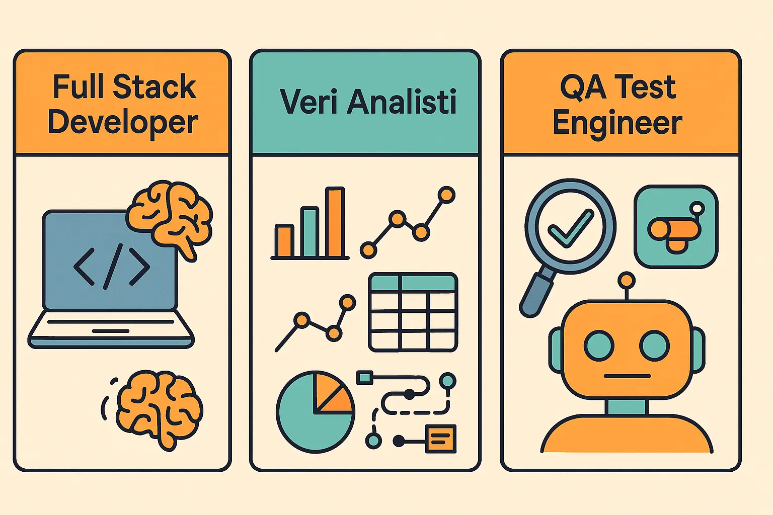 Full Stack Developer, Veri Analisti ve QA Test Engineer rollerini simgeleyen üçlü kart seti; laptop, grafikler ve test ikonlarıyla illüstrasyon.