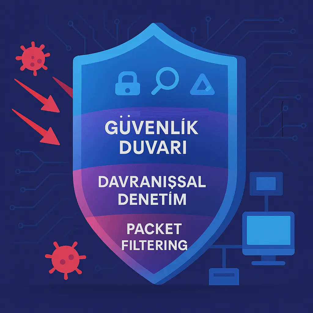Katmanlı güvenlik illüstrasyonu: Güvenlik duvarı kalkanı üzerinde “Güvenlik Duvarı, Davranışsal Denetim, Packet Filtering” yazıları ve engellenen tehditler.