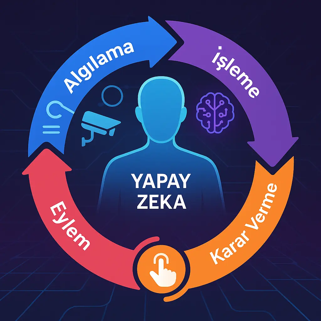Yapay zeka ajanlarının işleyişi illüstrasyonu: Ortada bir yapay zeka figürü, çevresinde “Algılama, İşleme, Karar Verme, Eylem” aşamalarını gösteren oklar.