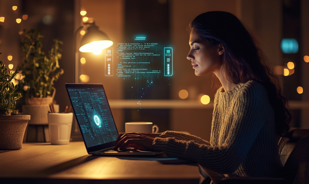 Дівчина працює з Perplexity AI на ноутбуці